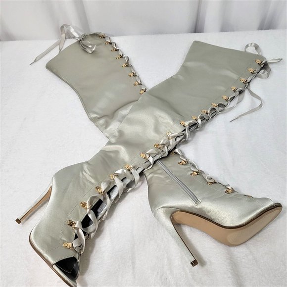 Cape Robbin Gray Lace-Up Peep Toe 4.5" Stiletto Thigh High Boots - Picture 7 of 8